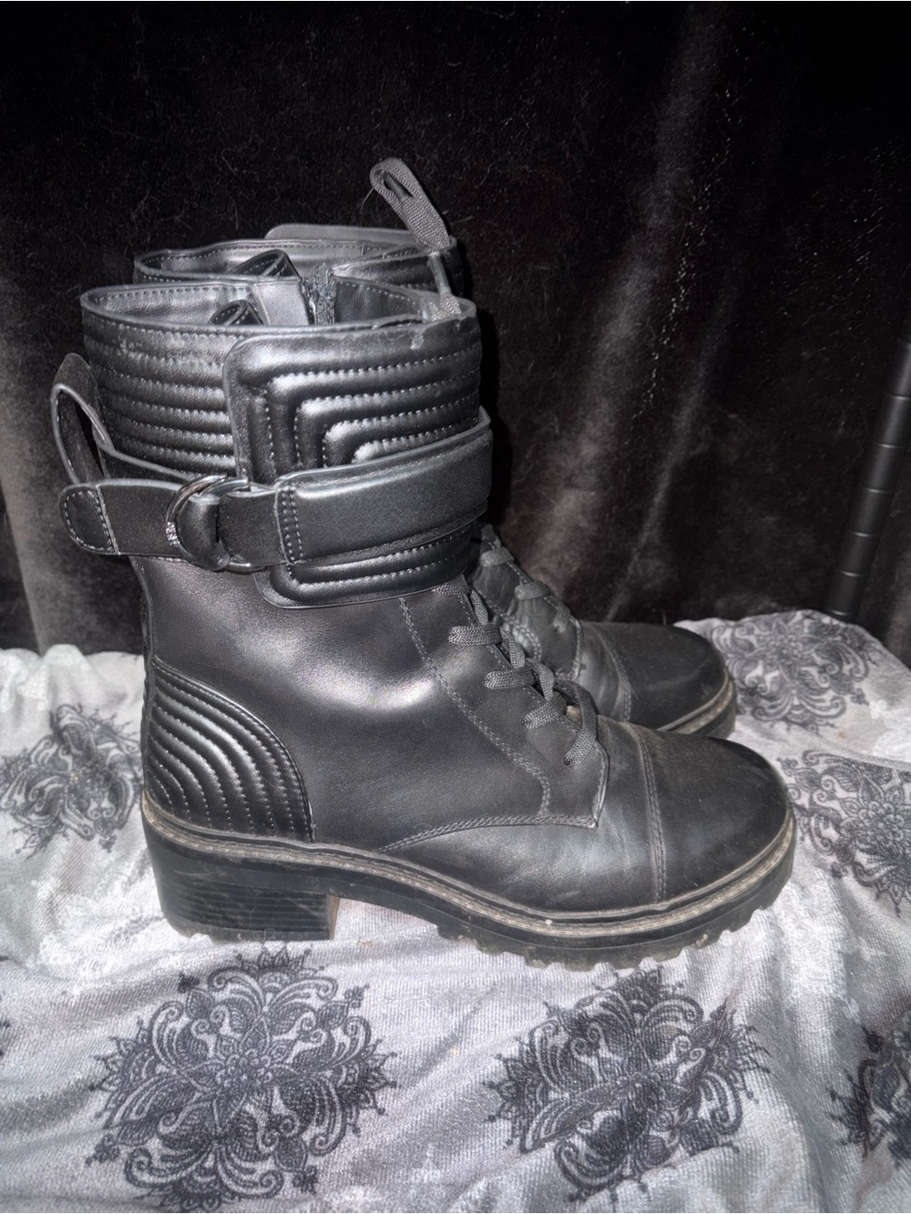 Donna Karan Black Lace-Up Moto Ankle Boots with Buckle Strap